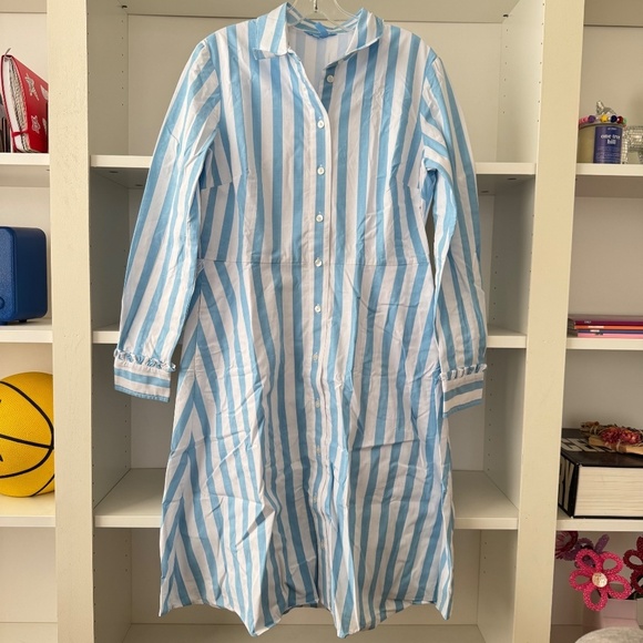 DRAPER JAMES Carly Blue White Striped Cotton Shirt Dress in Awning Stripe - Picture 5 of 9